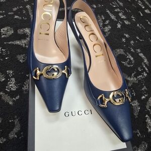 Gucci Blue and Gold Heels with Signature Style